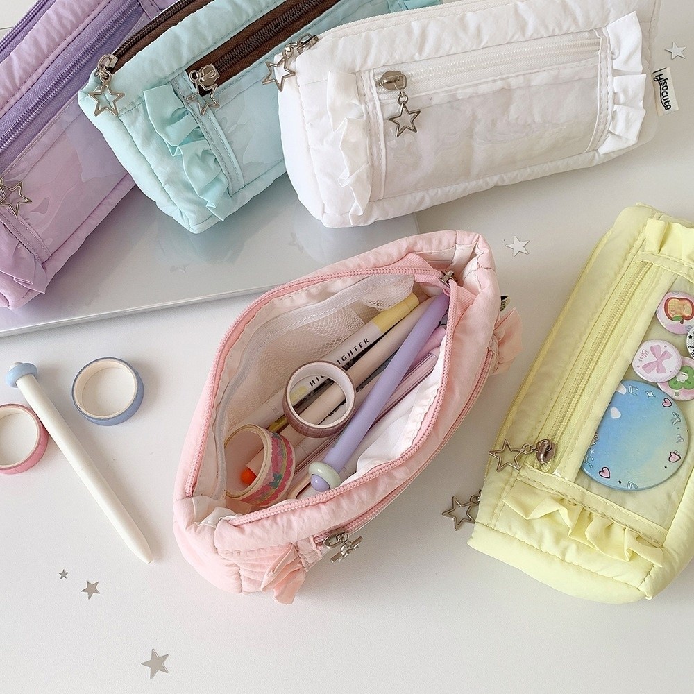 Aesthetic Large Pencil Case Pouch - Ruffled Edge Korean Ruffled Stationery Bag