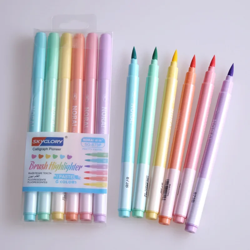 6Pcs/set Brush Highlighter Pen - огляд і ціна Pastel Highlighter Set Double Ended