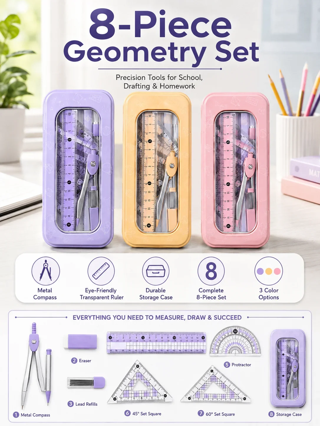 8-Piece Math Geometry Set for  - огляд і ціна Math Geometry Set With Compass