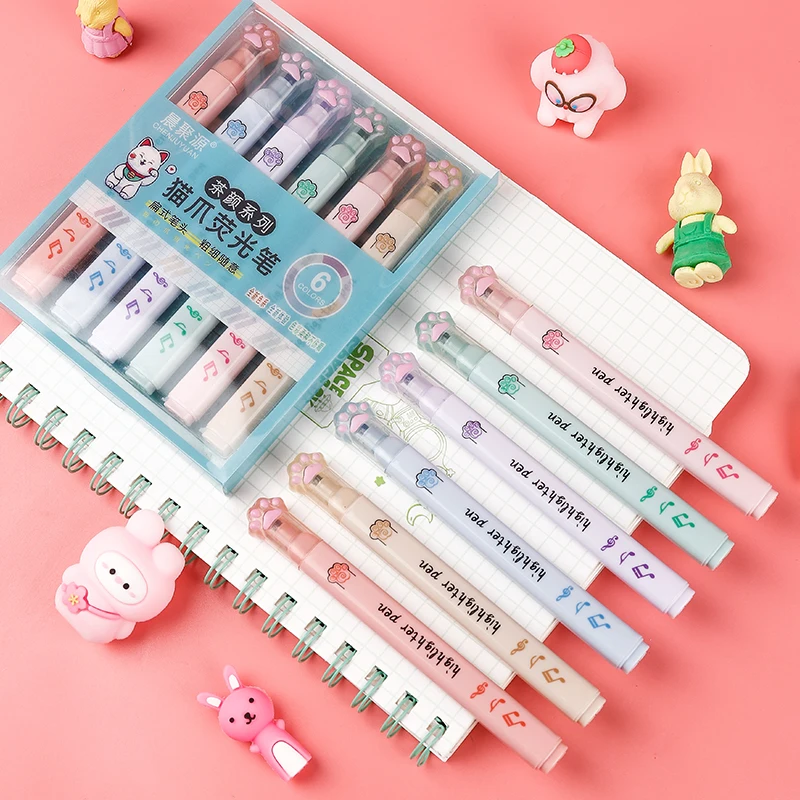 6 pcs/pack Kawaii Cat Claw Pas - огляд і ціна Pastel Highlighter Set Double Ended